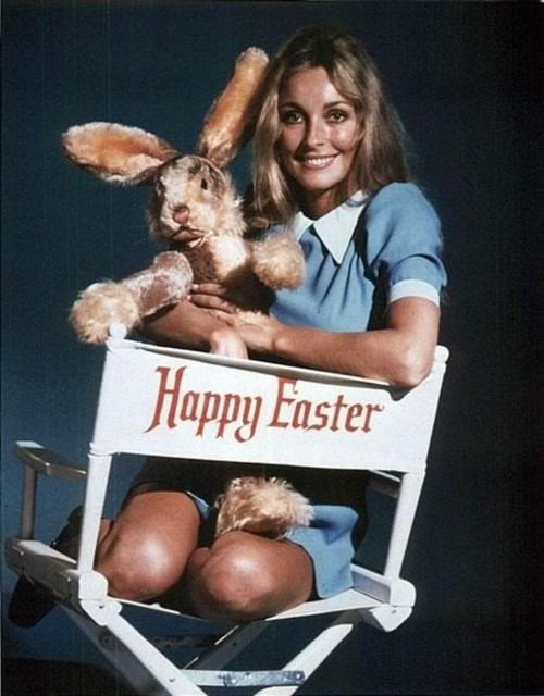 Sharon Tate in School Girl Clothes with plush Easter Bunny.